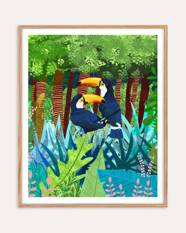 Shop Toucans jungle forest wildlife botanical nature Art Print, Canvas Print - available at 83oranges.com by artist Uma Gokhale India