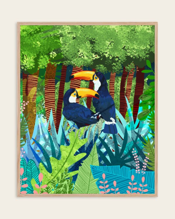 Shop Toucans jungle forest wildlife botanical nature Art Print, Canvas Print - available at 83oranges.com by artist Uma Gokhale India