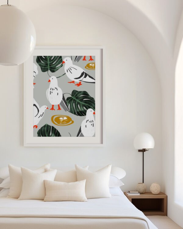 Shop White pigeons birds animals wildlife Art Print, Canvas Print - available at 83oranges.com by artist Uma Gokhale India