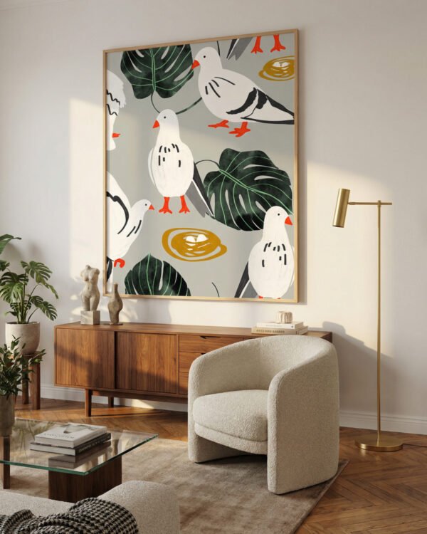 Shop White pigeons birds animals wildlife Art Print, Canvas Print - available at 83oranges.com by artist Uma Gokhale India