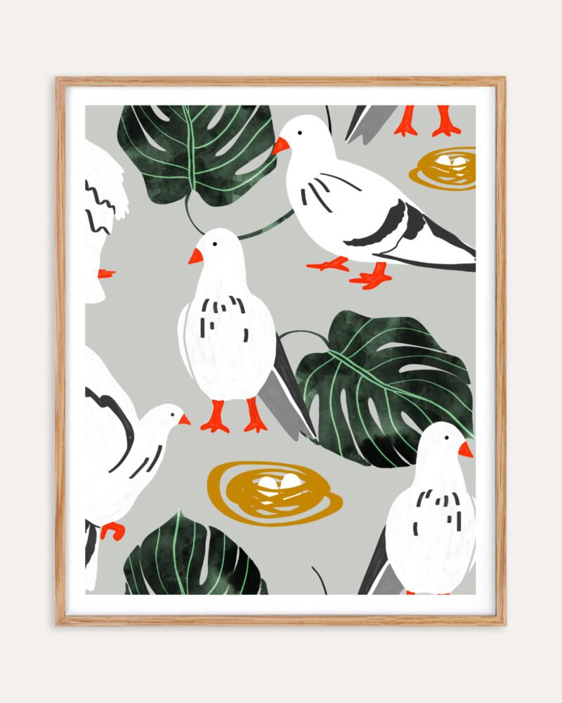 Shop White pigeons birds animals wildlife Art Print, Canvas Print - available at 83oranges.com by artist Uma Gokhale India