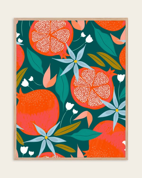 Shop Summer Pomegranate fruits botanical nature Art Print, Canvas Print - available at 83oranges.com by artist Uma Gokhale India