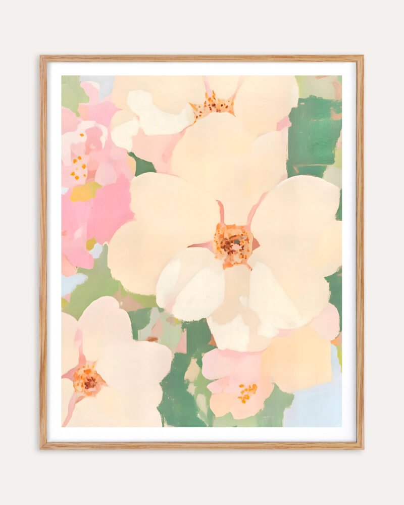 Shop the softest blossom abstract pastel garden Art Print, Canvas Print - available at 83oranges.com by artist Uma Gokhale India