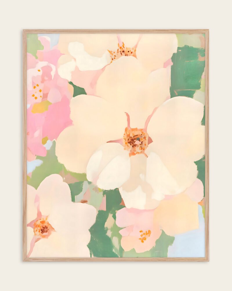 Shop the softest blossom abstract pastel garden Art Print, Canvas Print - available at 83oranges.com by artist Uma Gokhale India