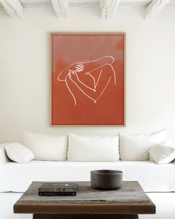 Abstract figurative terracotta line art fine art print titled “The Embrace” by Uma Gokhale for contemporary interiors