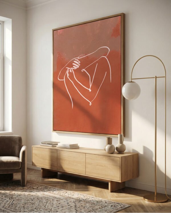 Abstract figurative terracotta line art fine art print titled “The Embrace” by Uma Gokhale for contemporary interiors
