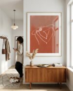 Abstract figurative terracotta line art fine art print titled “The Embrace” by Uma Gokhale for contemporary interiors