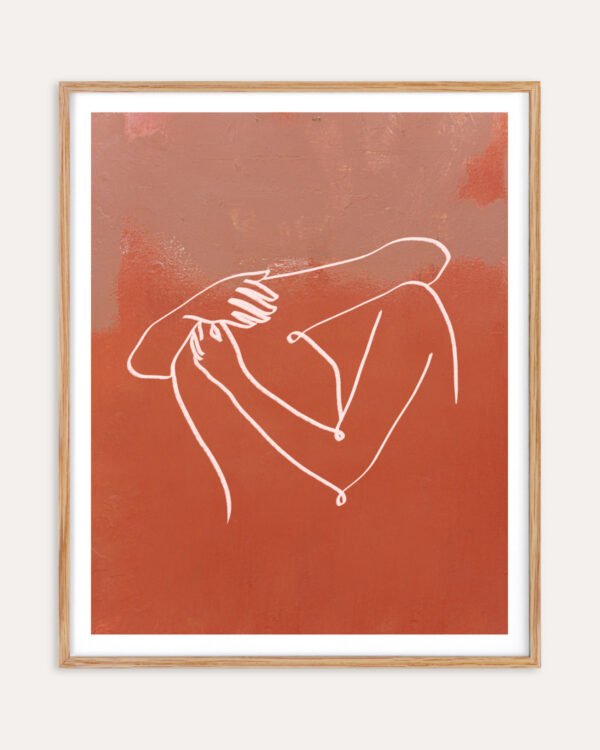 Abstract figurative terracotta line art fine art print titled “The Embrace” by Uma Gokhale for contemporary interiors