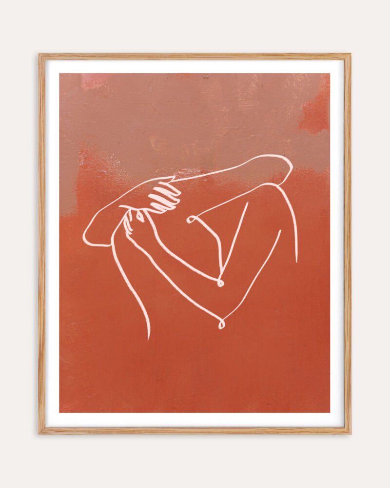 Abstract figurative terracotta line art fine art print titled “The Embrace” by Uma Gokhale for contemporary interiors