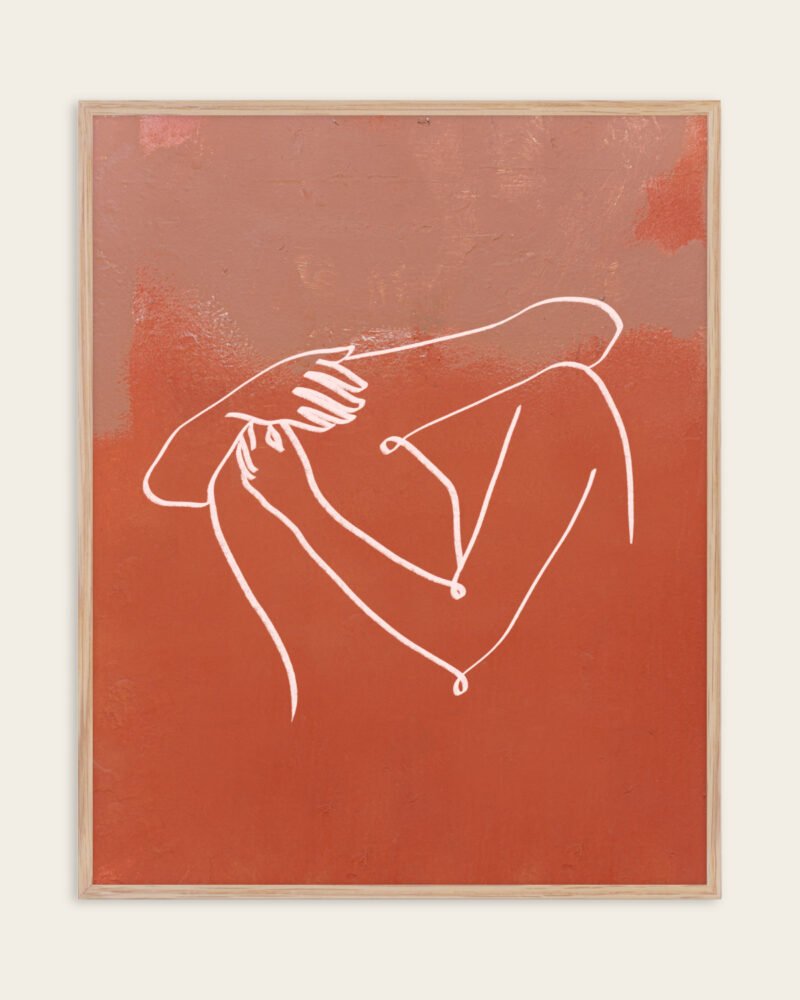 Abstract figurative terracotta line art fine art print titled “The Embrace” by Uma Gokhale for contemporary interiors