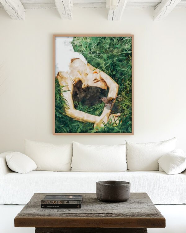 Shop Jungle nap woman bird grass painting Art Print, Canvas Print, commercial digital license, instant download printable - exclusively certified at 83oranges.com by artist Uma Gokhale Indialatets