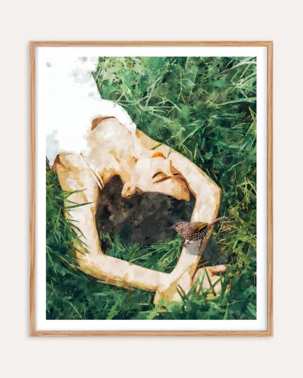 Shop Jungle nap woman bird grass painting Art Print, Canvas Print, commercial digital license, instant download printable - exclusively certified at 83oranges.com by artist Uma Gokhale Indialatets