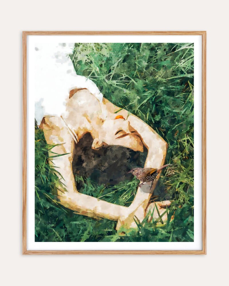Shop Jungle nap woman bird grass painting Art Print, Canvas Print, commercial digital license, instant download printable - exclusively certified at 83oranges.com by artist Uma Gokhale Indialatets