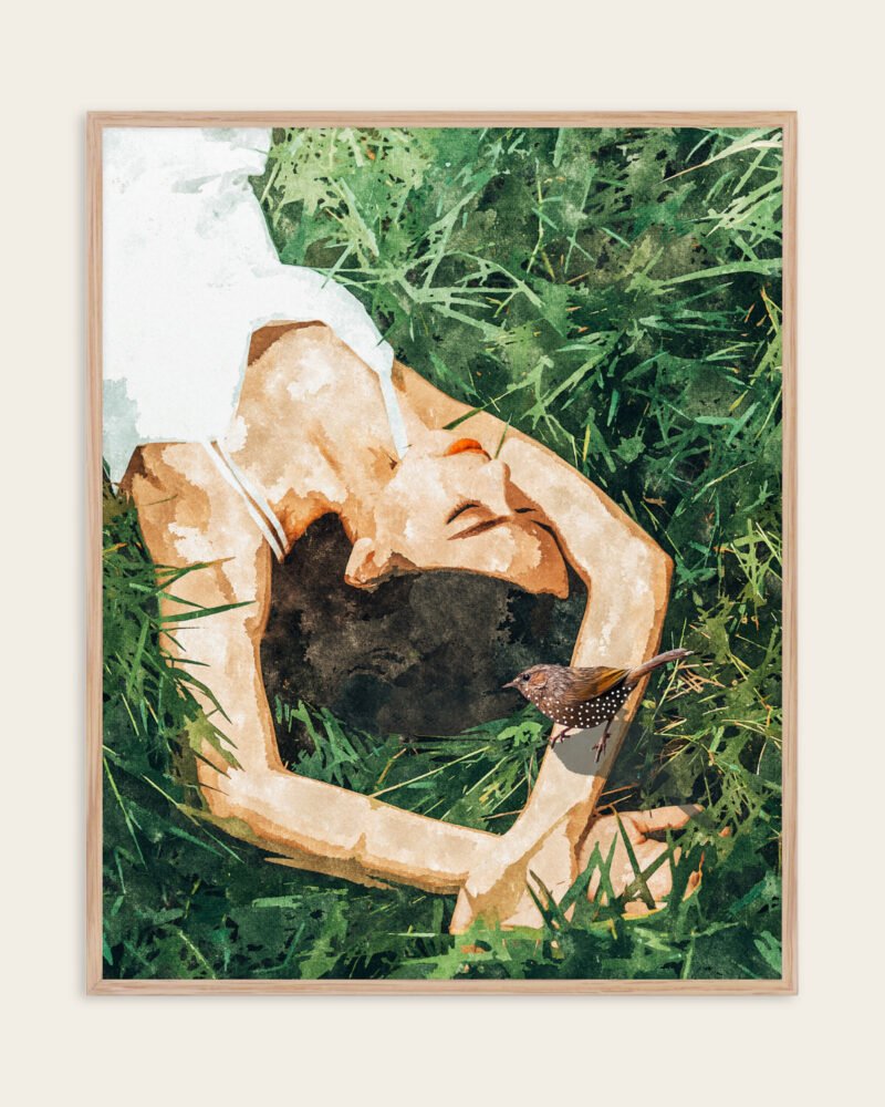 Shop Jungle nap woman bird grass painting Art Print, Canvas Print, commercial digital license, instant download printable - exclusively certified at 83oranges.com by artist Uma Gokhale Indialatets