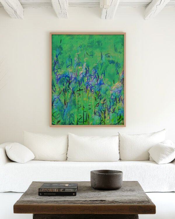 Abstract nature landscape botanical painterly fine art print titled “Where the Hyacinths Whisper” by Uma Gokhale for contemporary interiors