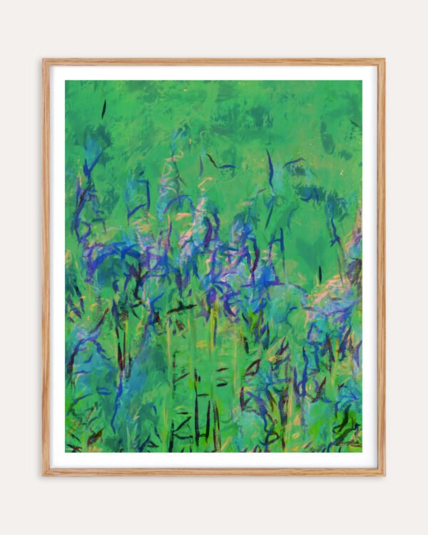 Abstract nature landscape botanical painterly fine art print titled “Where the Hyacinths Whisper” by Uma Gokhale for contemporary interiors