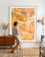 Abstract architecture painterly fine art print titled “Where the Sun learns to linger” by Uma Gokhale for contemporary interiors