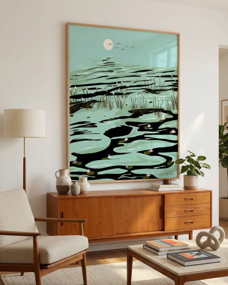 Shop dreamy lake landscape wild pond painting Art Print, Canvas Print, digital license download - exclusively certified at 83oranges.com by artist Uma Gokhale India [review]