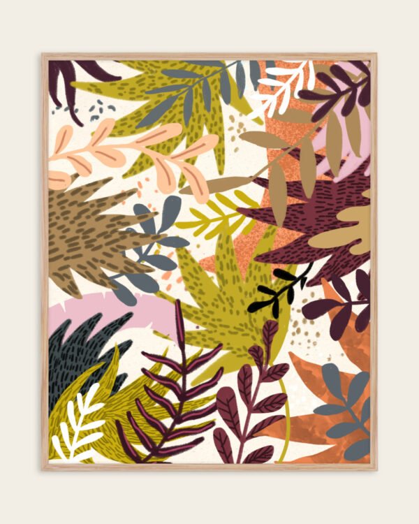 Abstract painterly botanical autumn nature fine art print titled “Earthy Forest ||” by Uma Gokhale for contemporary interiors
