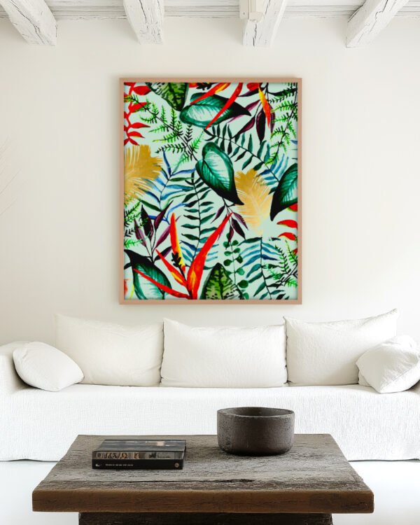Tropical nature botanical Painterly jungle fine art print titled “Hiding In Green” by Uma Gokhale for contemporary interiors