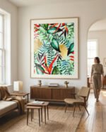 Tropical nature botanical Painterly jungle fine art print titled “Hiding In Green” by Uma Gokhale for contemporary interiors
