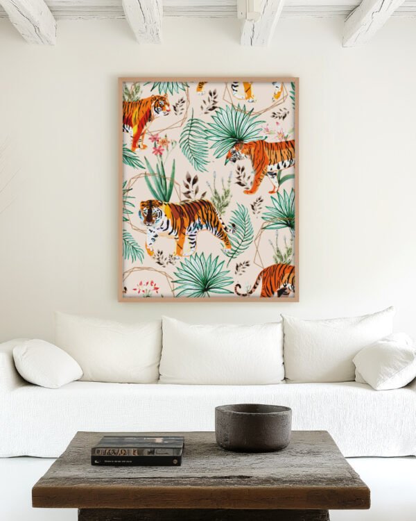 Tigers Nature wildlife botanical painterly Jungle fine art print titled “Tropical & Tigers” by Uma Gokhale for contemporary interiors