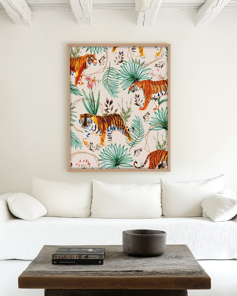 Tigers Nature wildlife botanical painterly Jungle fine art print titled “Tropical & Tigers” by Uma Gokhale for contemporary interiors Tigers Nature wildlife botanical painterly Jungle fine art print titled “Tropical & Tigers” by Uma Gokhale for contemporary interiors