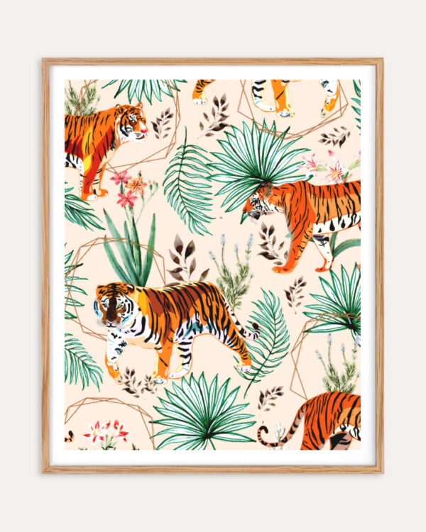 Tigers Nature wildlife botanical painterly Jungle fine art print titled “Tropical & Tigers” by Uma Gokhale for contemporary interiors