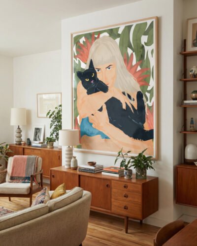 Shop cat lady animals pets black cats bohemian woman watercolor Art Print, Canvas Print - exclusively certified at 83oranges.com by artist Uma Gokhale India home banner