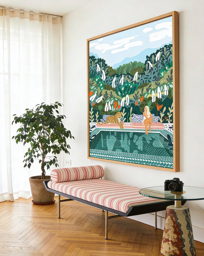 Shop bohemian woman chilling with jungle leopard teal wild cats Art Print, Canvas Print, Commercial digital license & Instant printable download - available at 83oranges.com by artist Uma Gokhale India