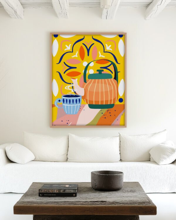 Abstract Tea coffee kettle painterly daily objects fine art print titled “Pumpkin spice latte” by Uma Gokhale for contemporary interiors