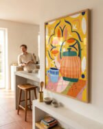 Abstract Tea coffee kettle painterly daily objects fine art print titled “Pumpkin spice latte” by Uma Gokhale for contemporary interiors