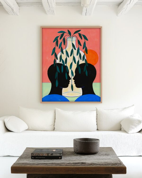 Abstract figurative concept human expression painterly fine art print titled “Unbottle” by Uma Gokhale for contemporary interiors