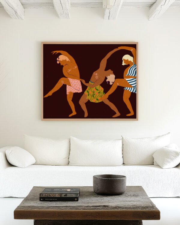 Figurative painterly fine art print titled “Midnight Muse: The Dance of Sisterhood” by Uma Gokhale for contemporary interiors