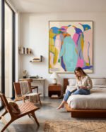Abstract penguins wildlife eclectic painterly fine art print titled “In It Together” by Uma Gokhale for contemporary interiors