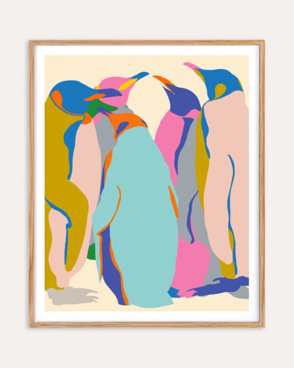 Abstract penguins wildlife eclectic painterly fine art print titled “In It Together” by Uma Gokhale for contemporary interiors