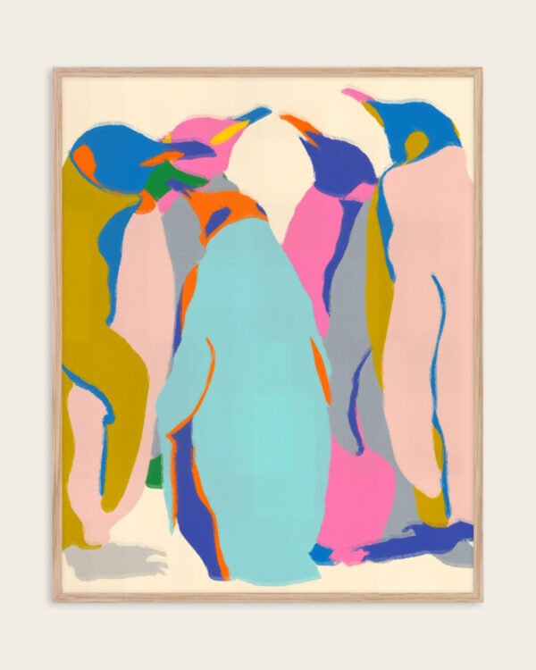 Abstract penguins wildlife eclectic painterly fine art print titled “In It Together” by Uma Gokhale for contemporary interiors
