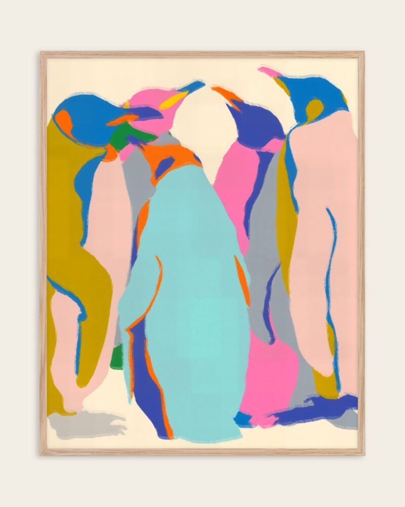 Abstract penguins wildlife eclectic painterly fine art print titled “In It Together” by Uma Gokhale for contemporary interiors
