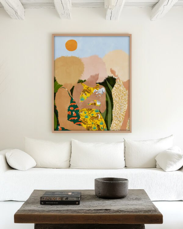 Figurative Afro wildlife bird painterly fine art print titled “Nature Lovers” by Uma Gokhale for contemporary interiors