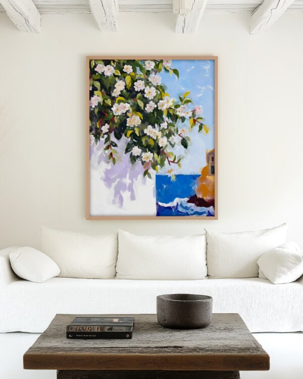 Nature botanical coastal painterly fine art print titled “Where the blossoms meet the sea” by Uma Gokhale for contemporary interiors