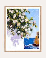 Nature botanical coastal painterly fine art print titled “Where the blossoms meet the sea” by Uma Gokhale for contemporary interiors