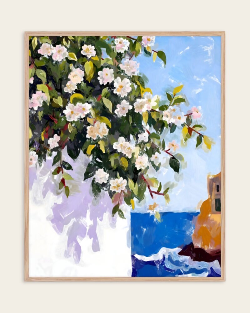 Nature botanical coastal painterly fine art print titled “Where the blossoms meet the sea” by Uma Gokhale for contemporary interiors