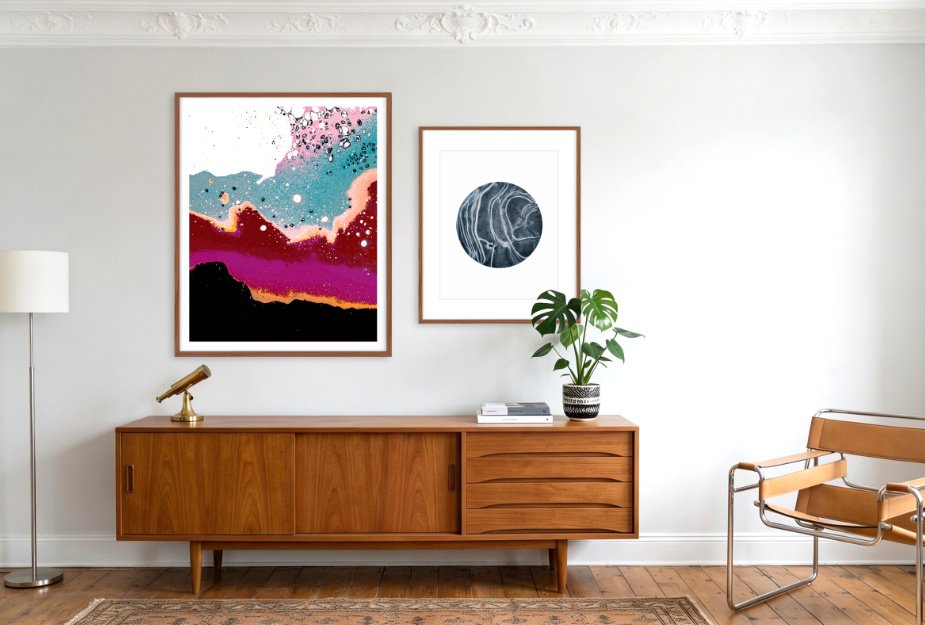 Elevate your space with this striking duo of abstract art prints designed to spark curiosity and conversation. This thoughtfully paired set combines two unique visual expressions: one print features a dynamic fusion of cosmic colors and fluid textures, while the other offers a meditative contrast with a monochrome circular motif that evokes the natural flow of marble or planetary terrain.