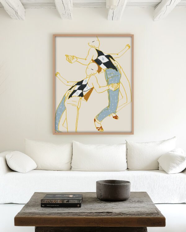 Figurative abstract line drawing minimal fine art print titled “Music is my partner” by Uma Gokhale for contemporary interiors