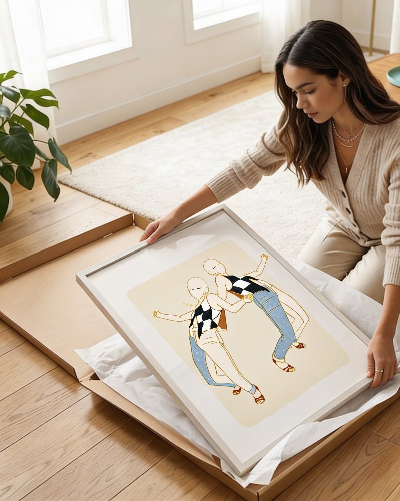 Figurative abstract line drawing minimal fine art print titled “Music is my partner” by Uma Gokhale for contemporary interiors