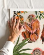 Wildlife figurative botanical nature vintage fine art print titled “Orangutan slow days in the orange grove” by Uma Gokhale for contemporary interiors