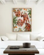 Wildlife figurative botanical nature vintage fine art print titled “Orangutan slow days in the orange grove” by Uma Gokhale for contemporary interiors