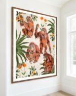 Wildlife figurative botanical nature vintage fine art print titled “Orangutan slow days in the orange grove” by Uma Gokhale for contemporary interiors
