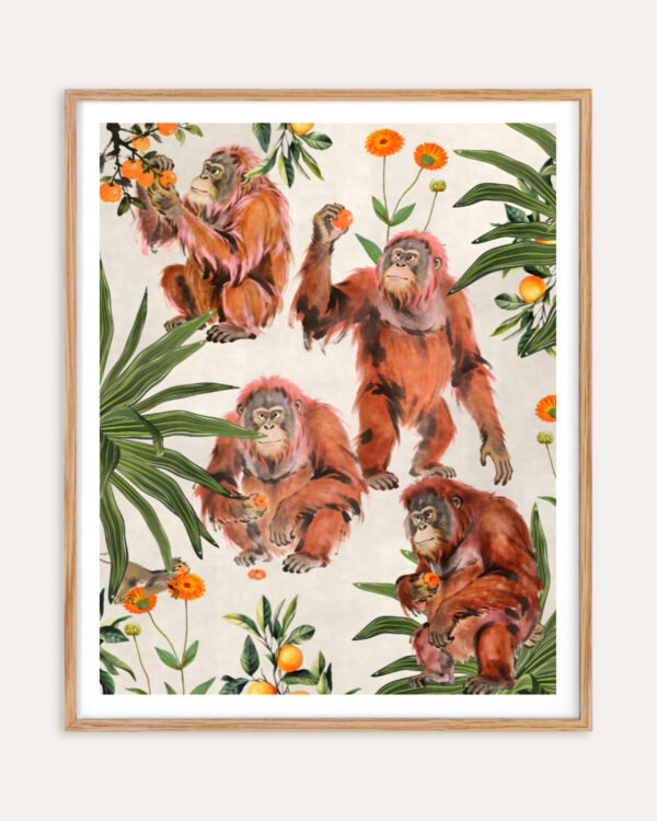 Wildlife figurative botanical nature vintage fine art print titled “Orangutan slow days in the orange grove” by Uma Gokhale for contemporary interiors