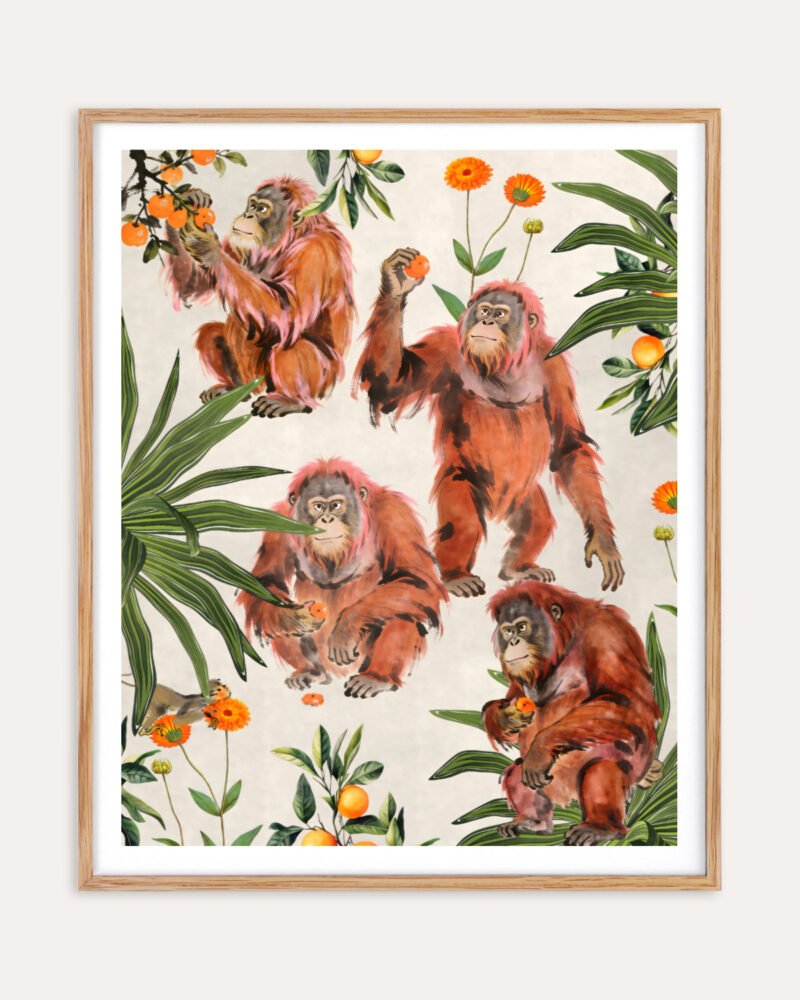Wildlife figurative botanical nature vintage fine art print titled “Orangutan slow days in the orange grove” by Uma Gokhale for contemporary interiors